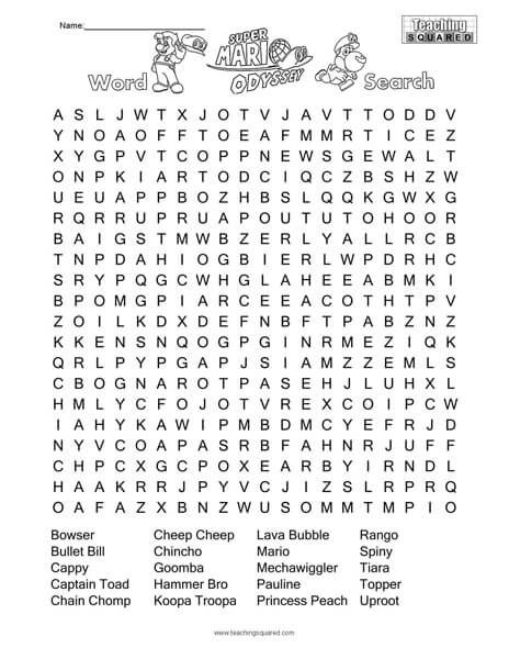 Super mario odyssey word search puzzle character words super mario mario