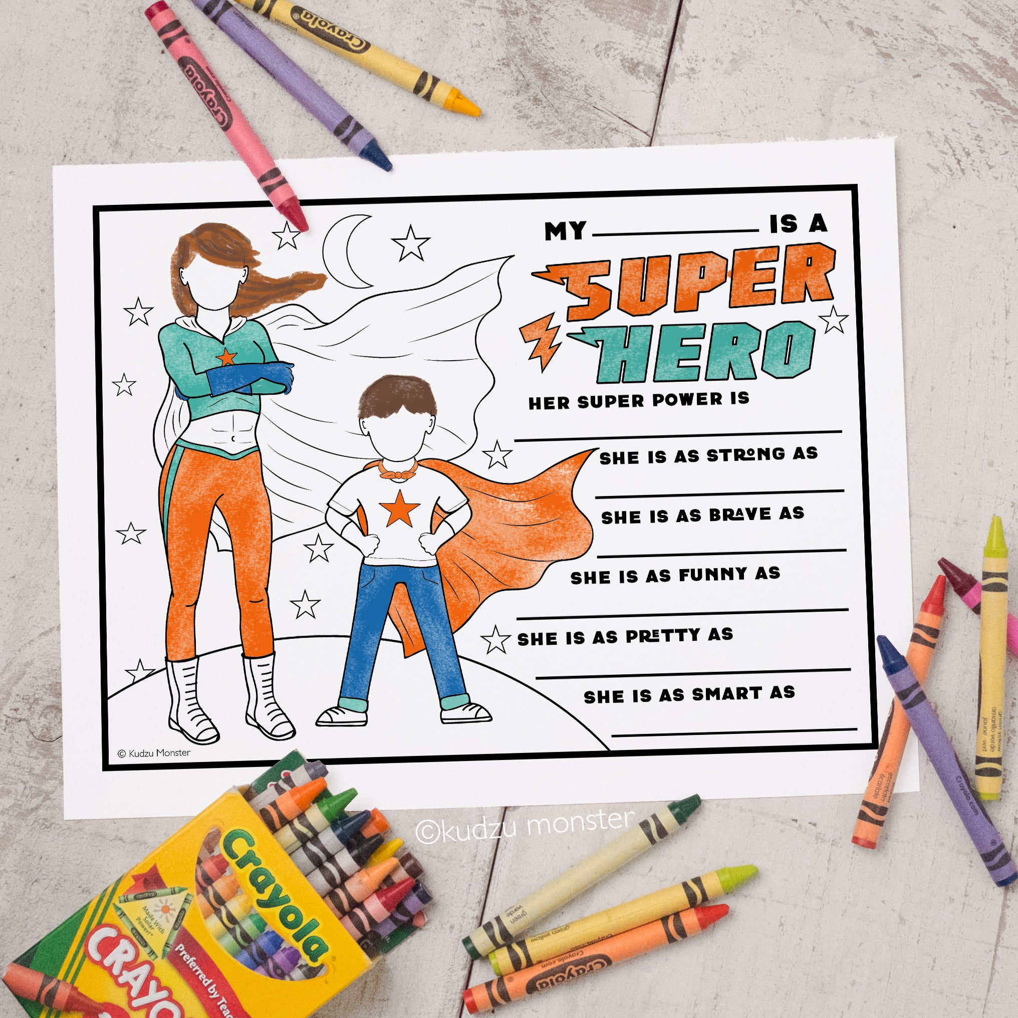 Super mom coloring activity sheet â kudzu monster