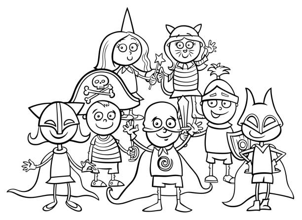 Kids group at mask ball coloring book stock illustration