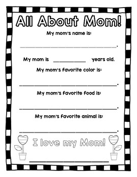 Mothers day questionnaire writing prompts and coloring sheet