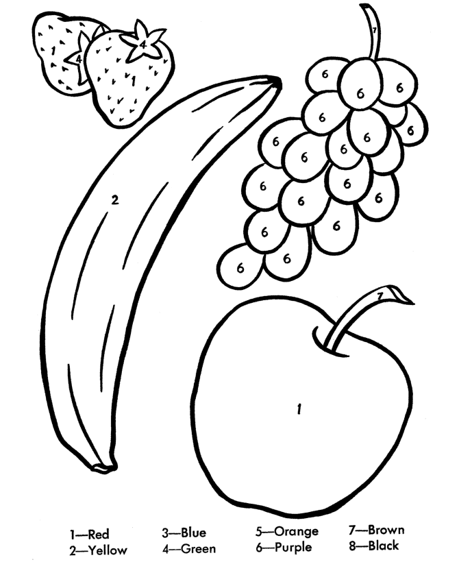 Color by number coloring page learn to color by following the color numbers colorful fruits coloring page activity sheet