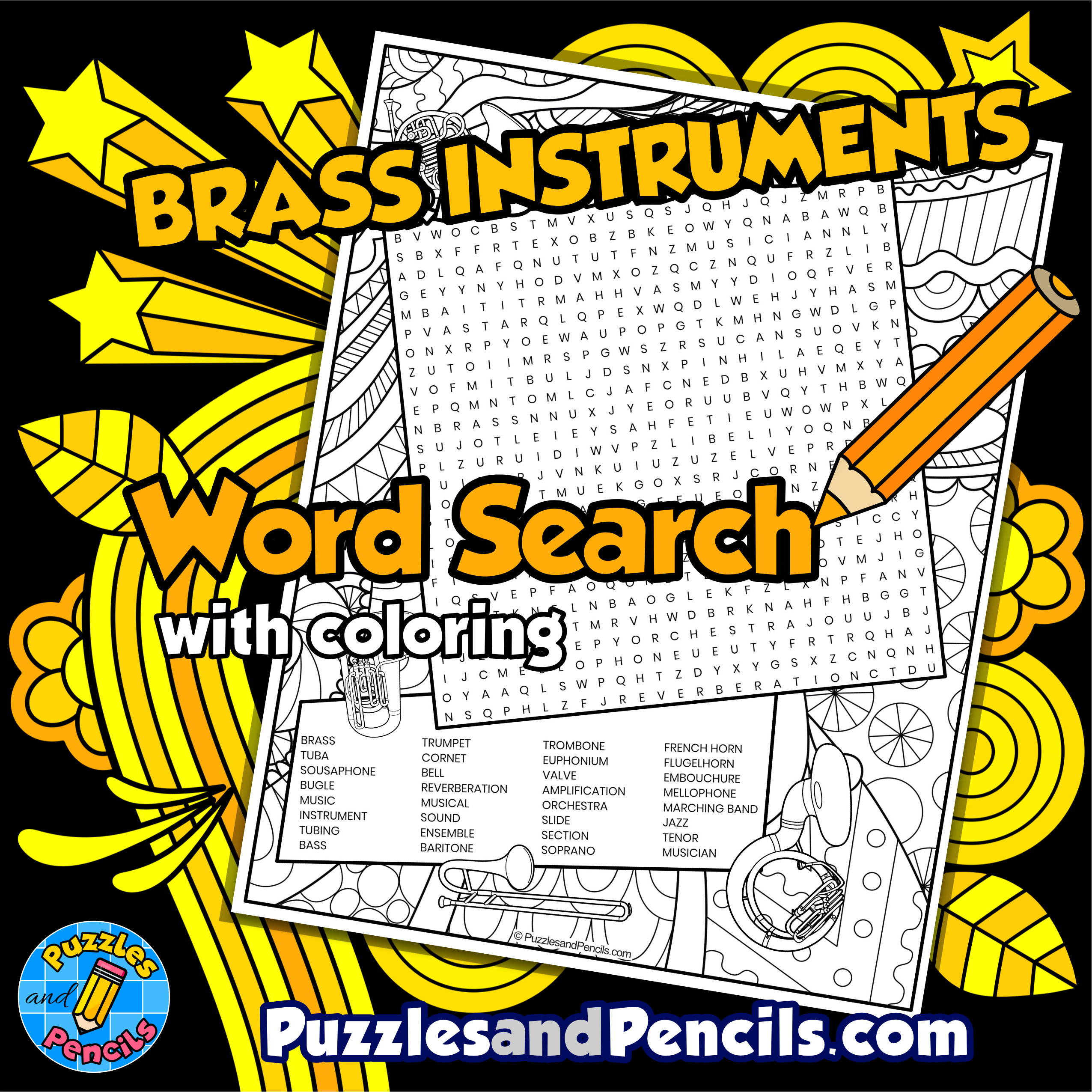 Brass instruments word search puzzle activity page with coloring music wordsearch made by teachers