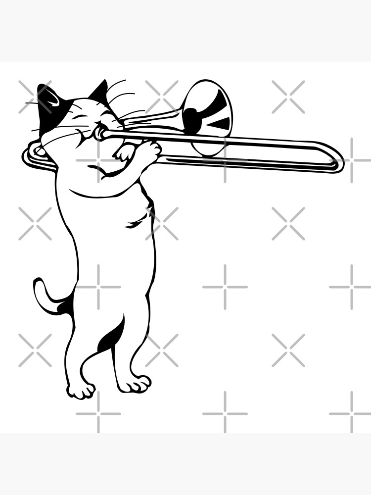 Cute white cat playing trombone music instruments for cat lovers art print for sale by bestdesign