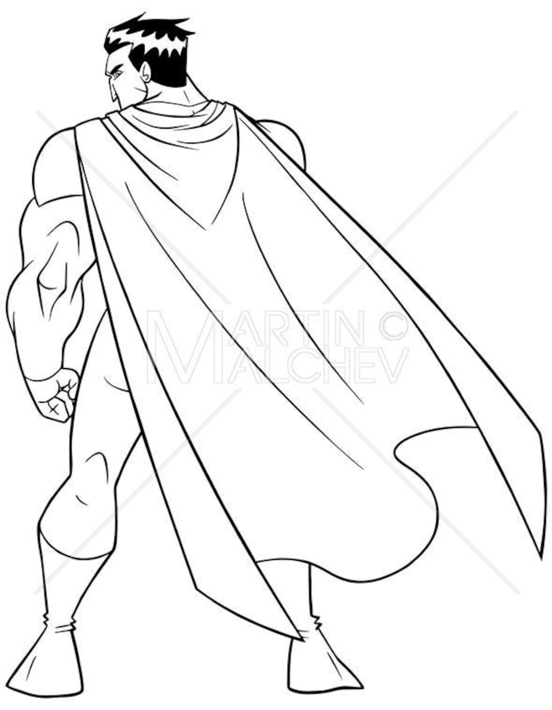 Superhero battle mode back line art vector illustration hero cape superhero super cartoon character ready courage action power instant download