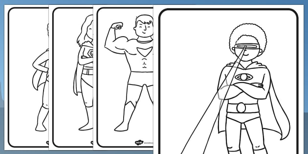 Superhero outline template colouring sheets