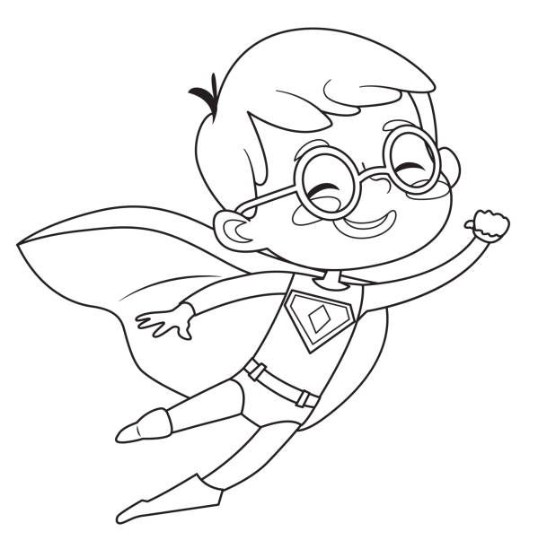 Coloring page of super hero children boys and girls wearing costumes of superheroes coloring book cartoon vector characters of kids superheroes stock illustration