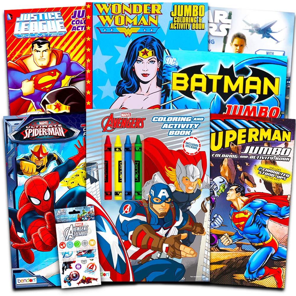 Superhero giant coloring book assortment books featuring avengers justice league batman spiderman and more includes stickers super hero party supplies toys games