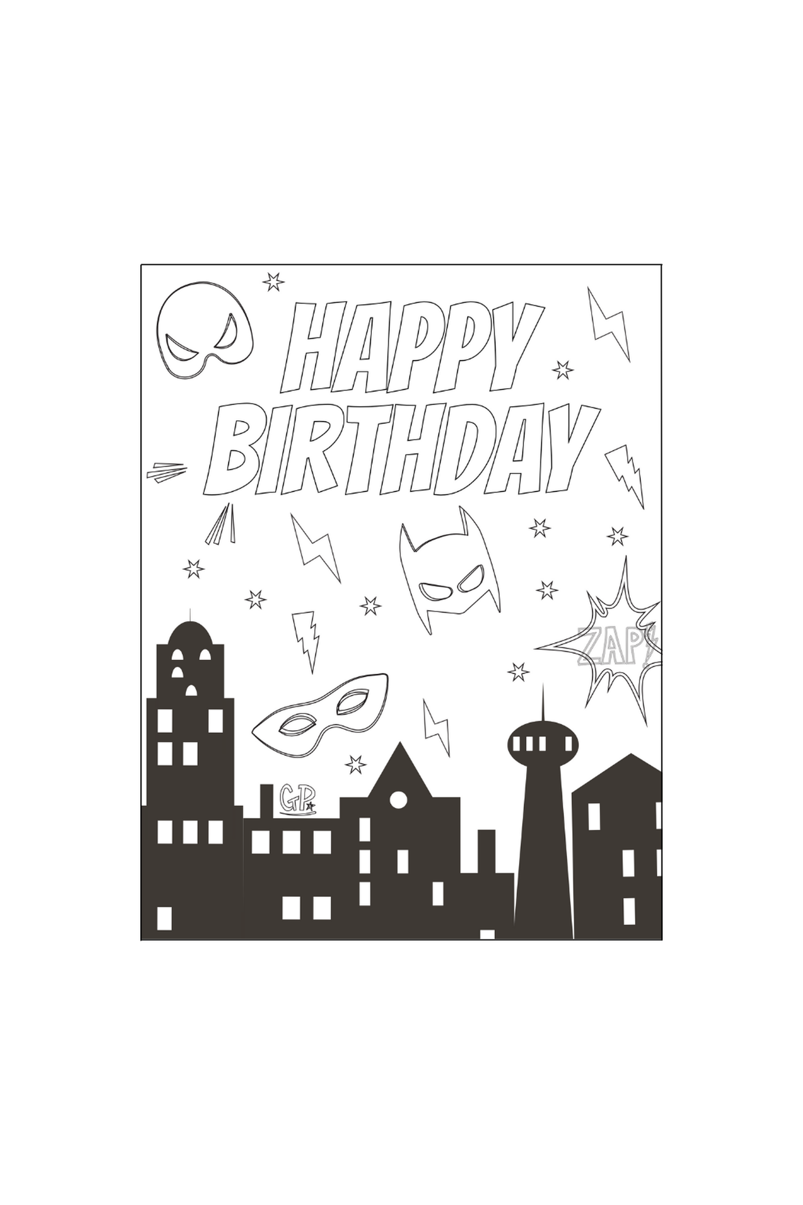 Superhero birthday colouring page