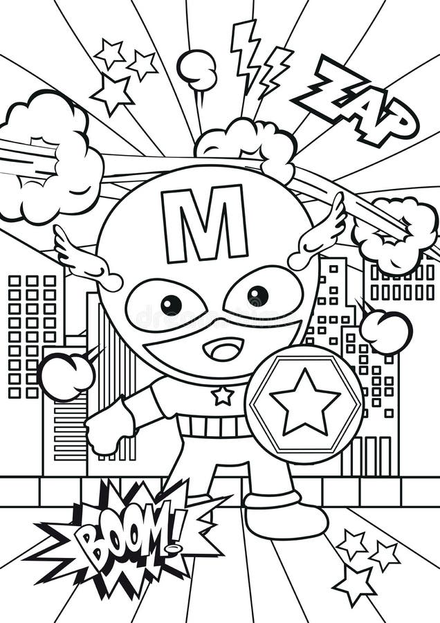 Kids coloring page with cute superhero stock vector