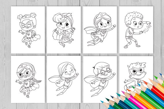 Super hero kids coloring pages set of super hero illustrations superhero printable instant digital download jpeg superhero girl pdf