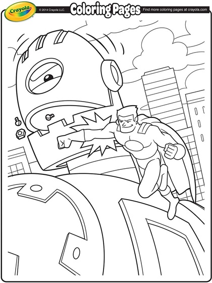 Super hero battling a giant robot coloring page