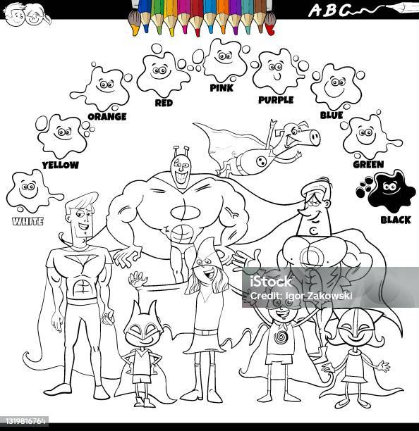 Basic colors color book with superheroes group stock illustration