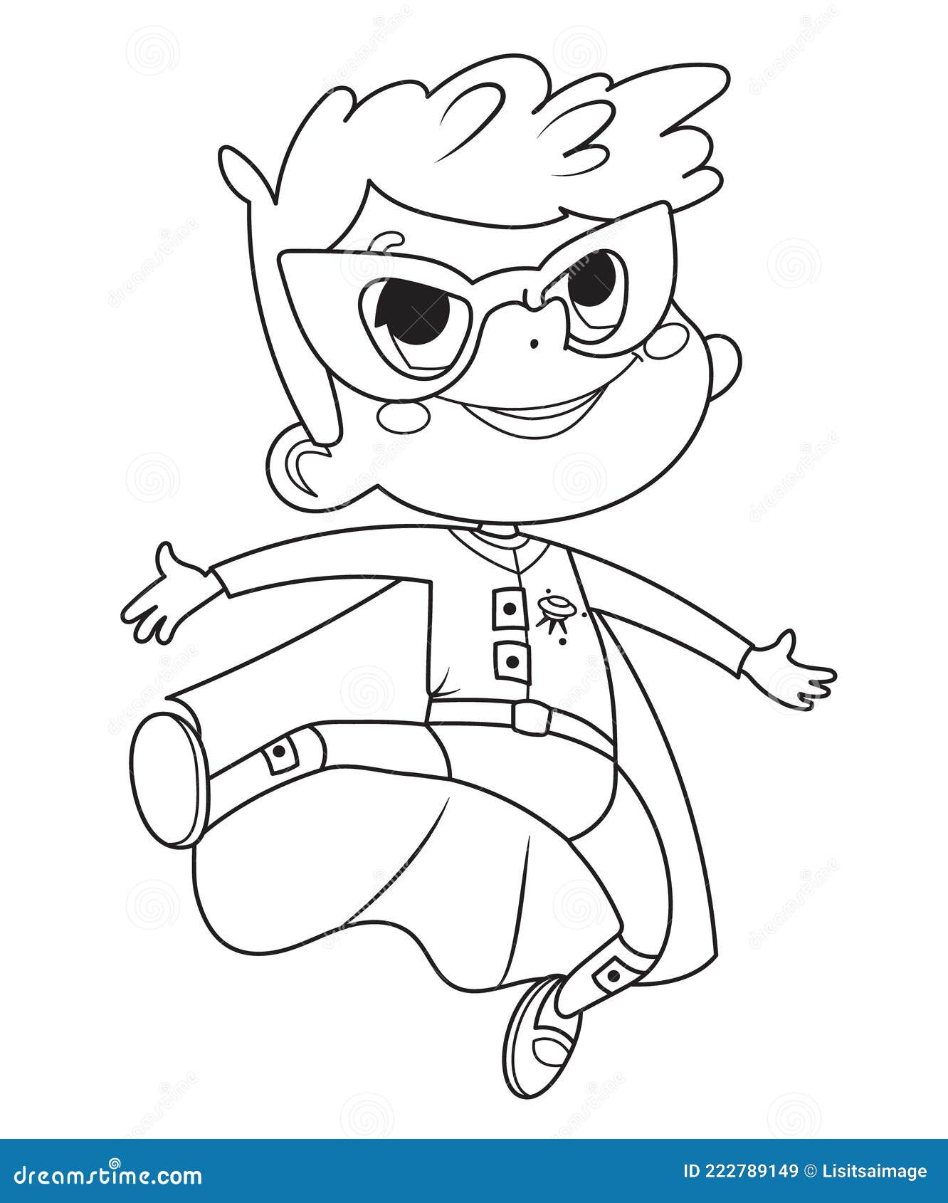 Coloring page of super hero children boys and girls wearing costumes of superheroes coloring book stock vector