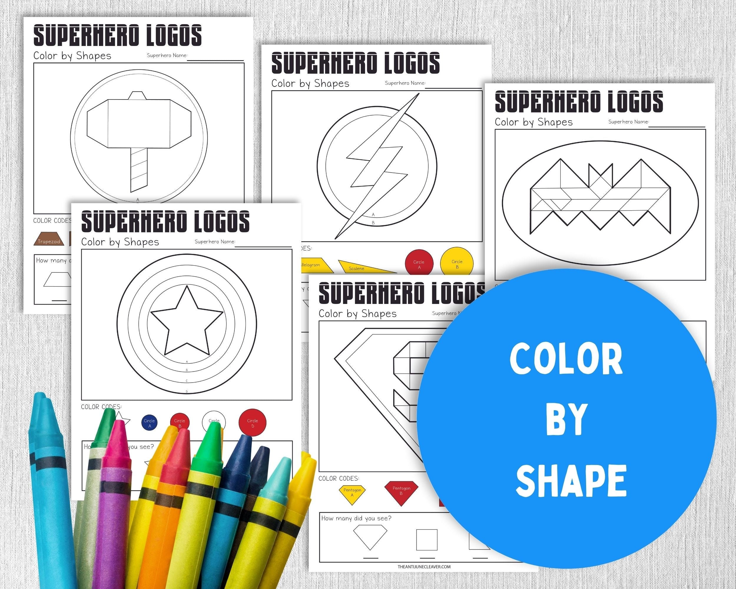 Superhero logo color by shape coloring pages