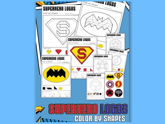 Superhero logo color by shape coloring pages