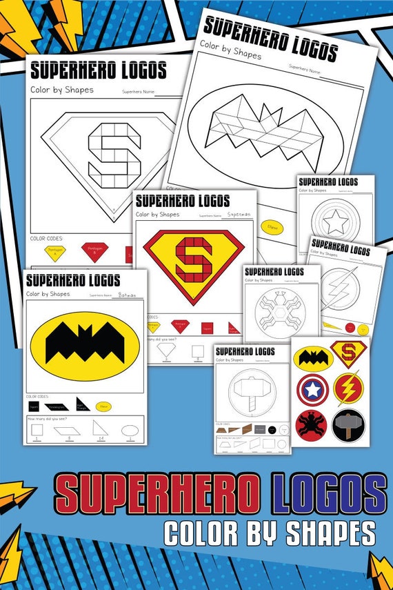 Superhero logo color by shape coloring pages