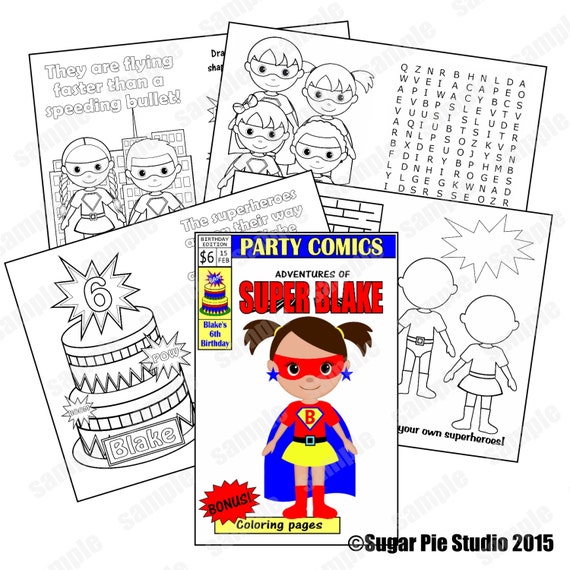 Superhero coloring activity book pdf or jpeg template printable personalized custom x favor kids