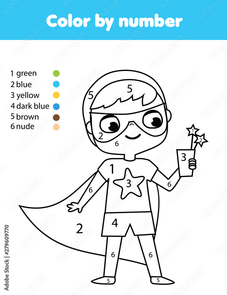 Superkid boy in superhero costume coloring page for kids educational children game color by numbers activity vector