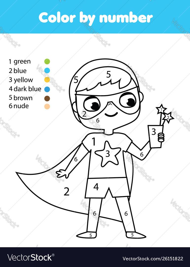 Superkid boy in superhero costume coloring page vector image