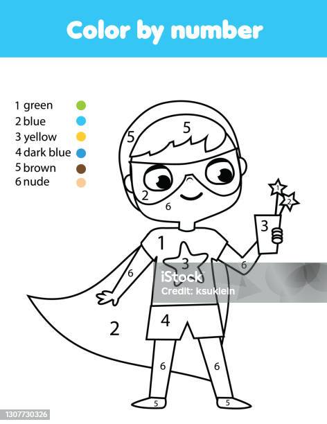 Superkid boy in superhero costume coloring page for kids educational children game color by numbers activity stock illustration