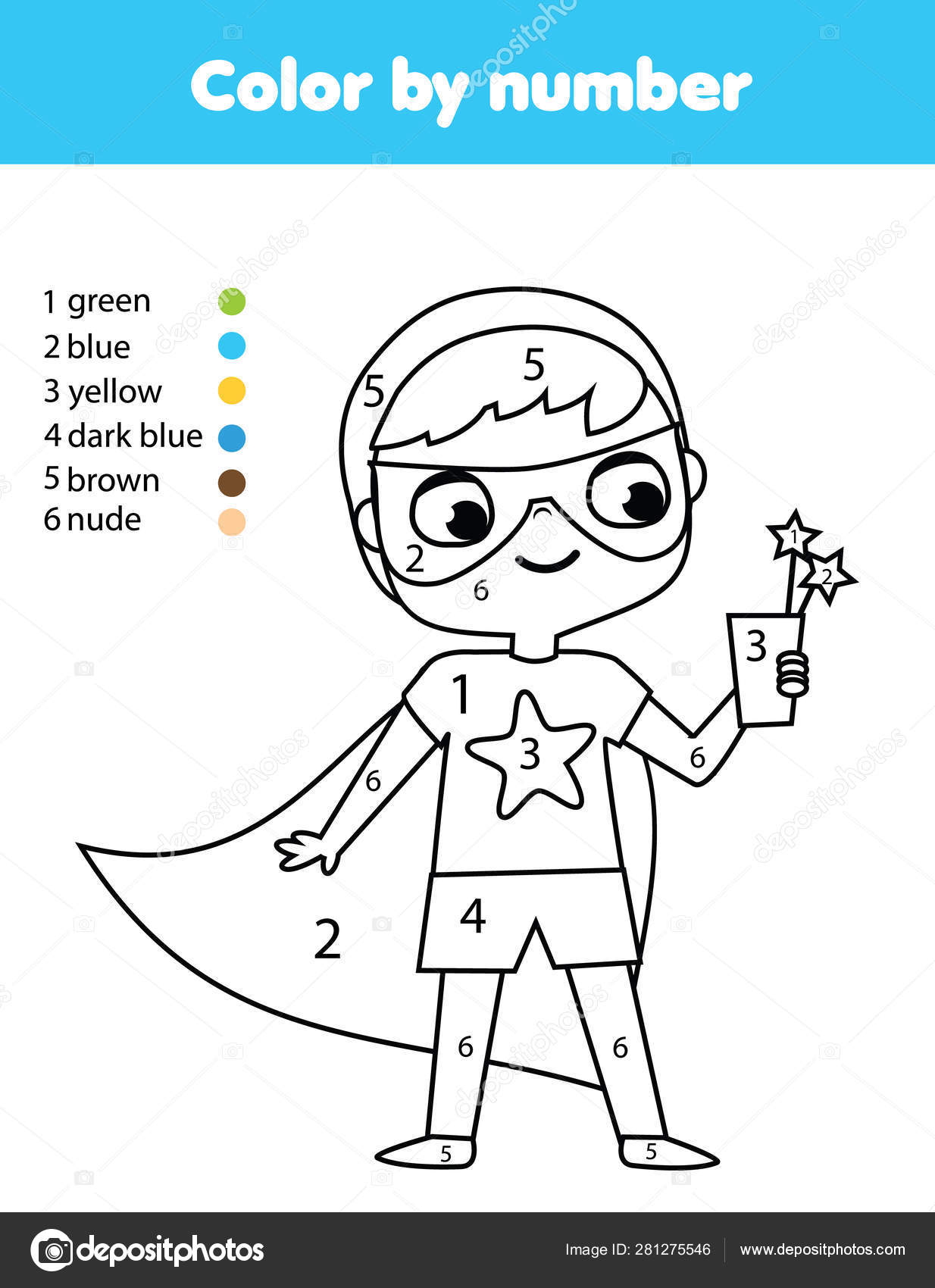 Superkid boy in superhero costume coloring page for kids educational children game color by numbers activity stock vector by ksuklein