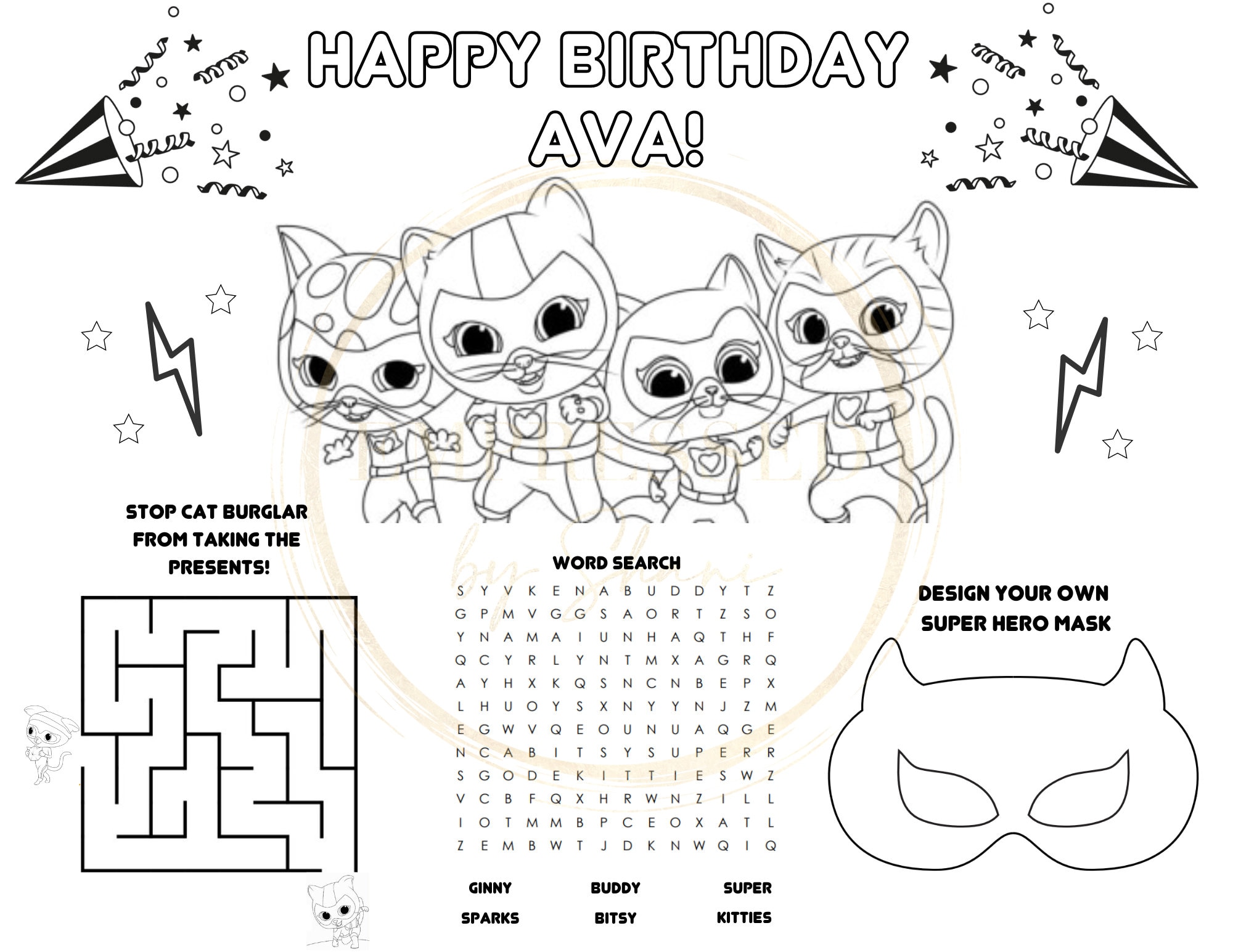 Superkitties inspired activity sheet superkitties birthday placemat birthday party favors diy party favors