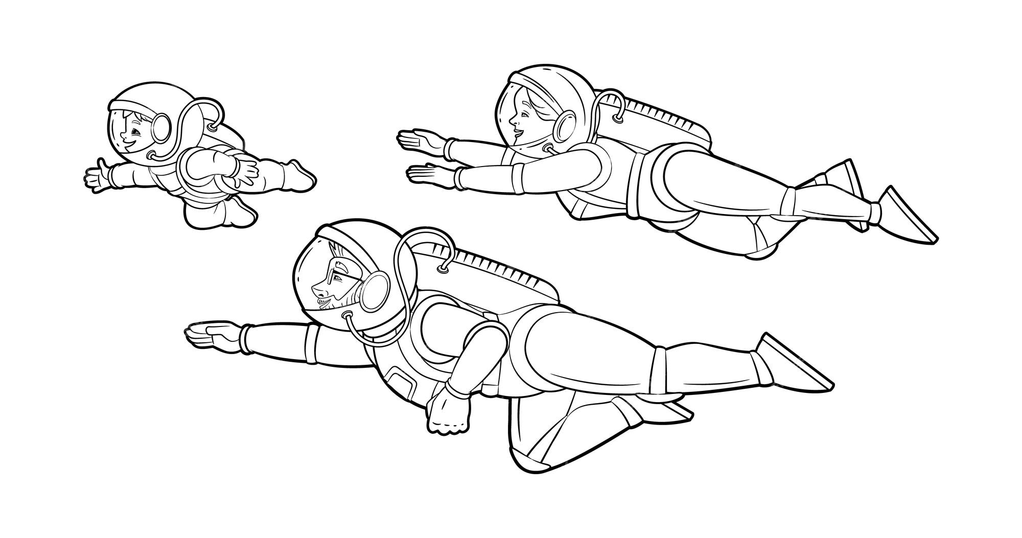 Premium vector superman astronaut family flying through the air holding handsvector black and white illustration coloring book outline