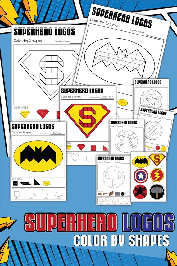 Superhero logo color by shape coloring pages