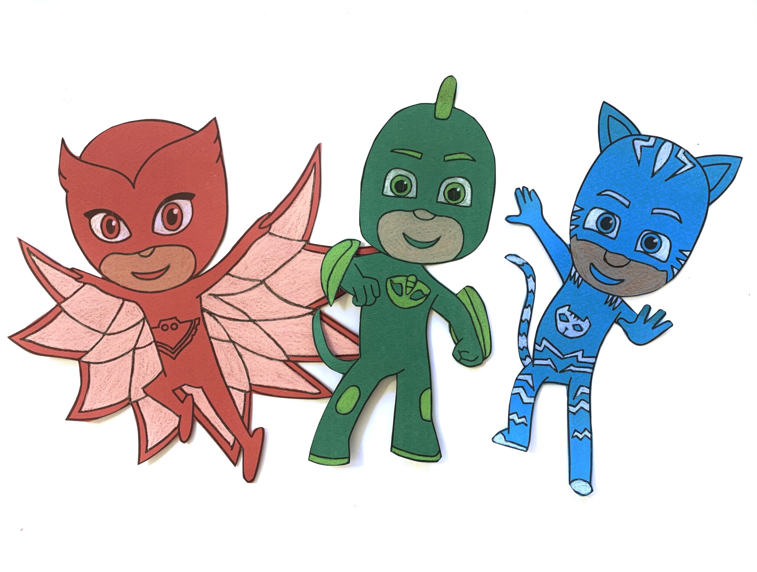 Pj masks coloring pages and colored paper