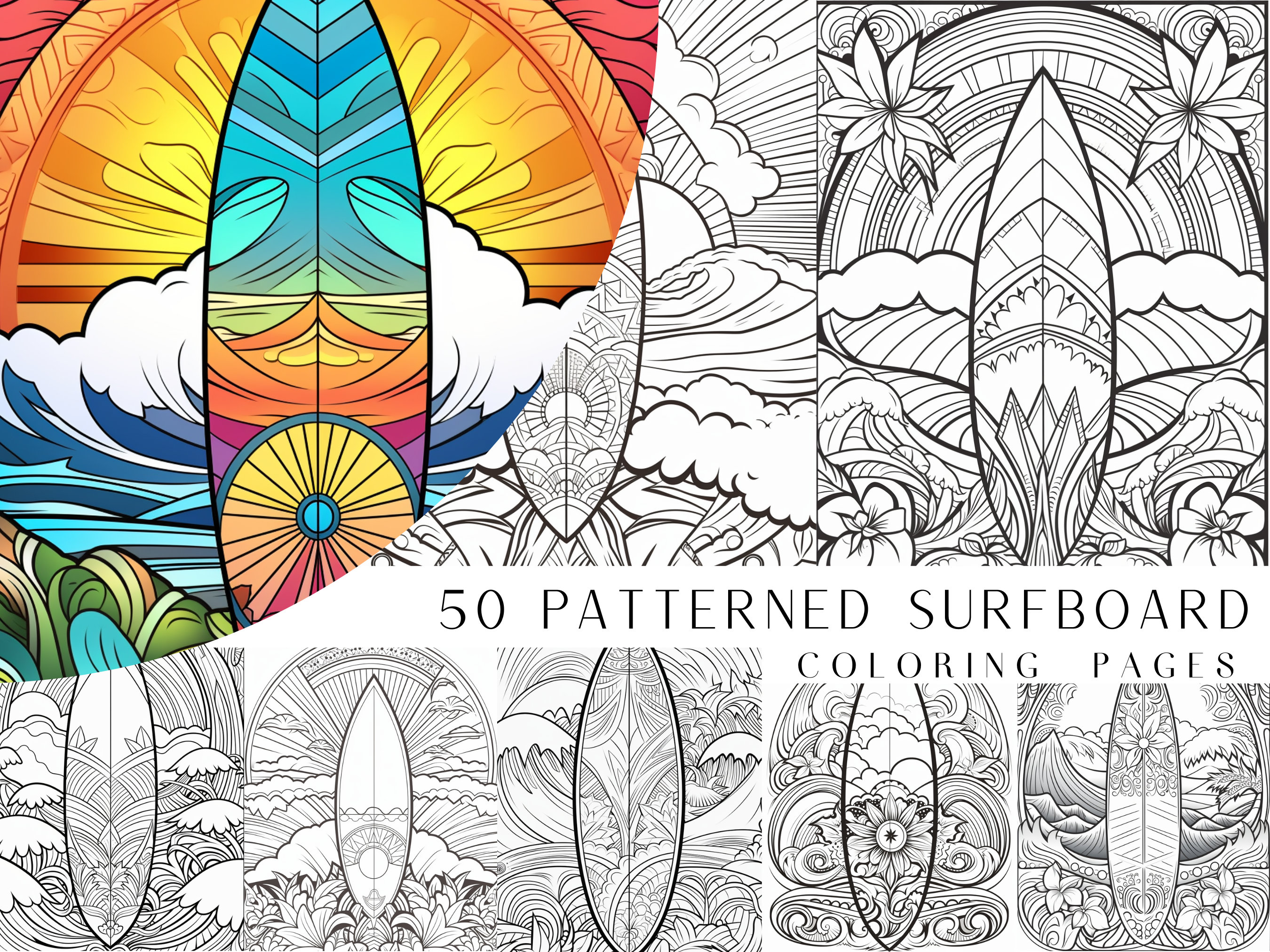Patterned surfboard coloring pages adults and kids coloring book digital coloring sheets instant download printable pdf file download now