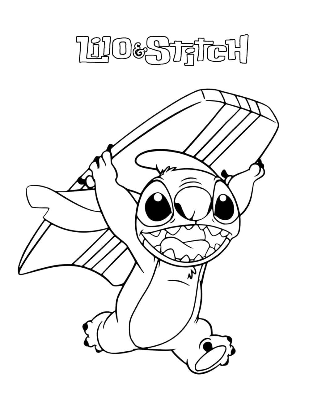 Stitch and surfboard coloring page