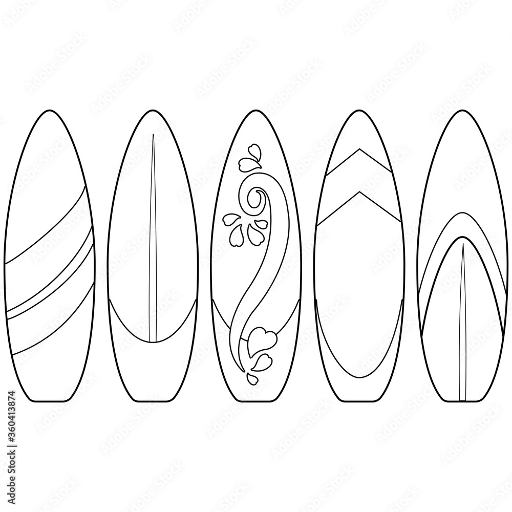 Surfboards collection vector black and white coloring page vector