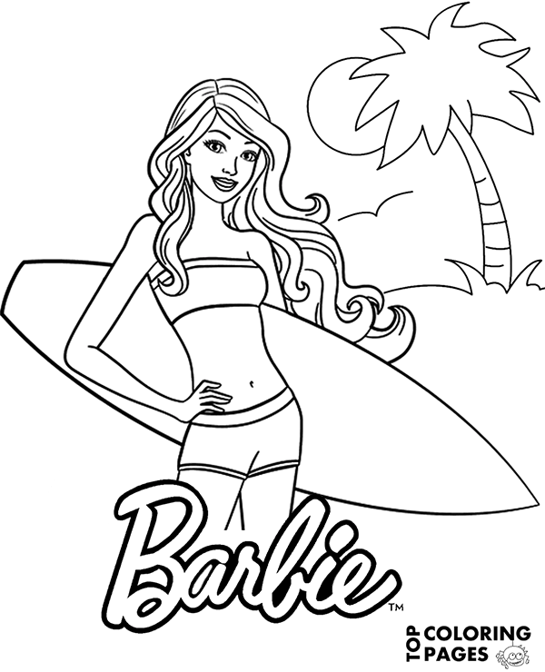 Barbie coloring page with surfboard