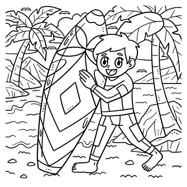 Premium vector summer boy holding surf board coloring page