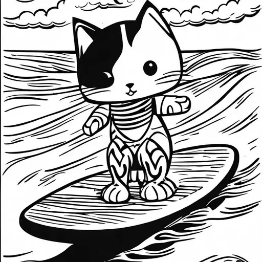 One cute cat balancing on a surf board black and wh