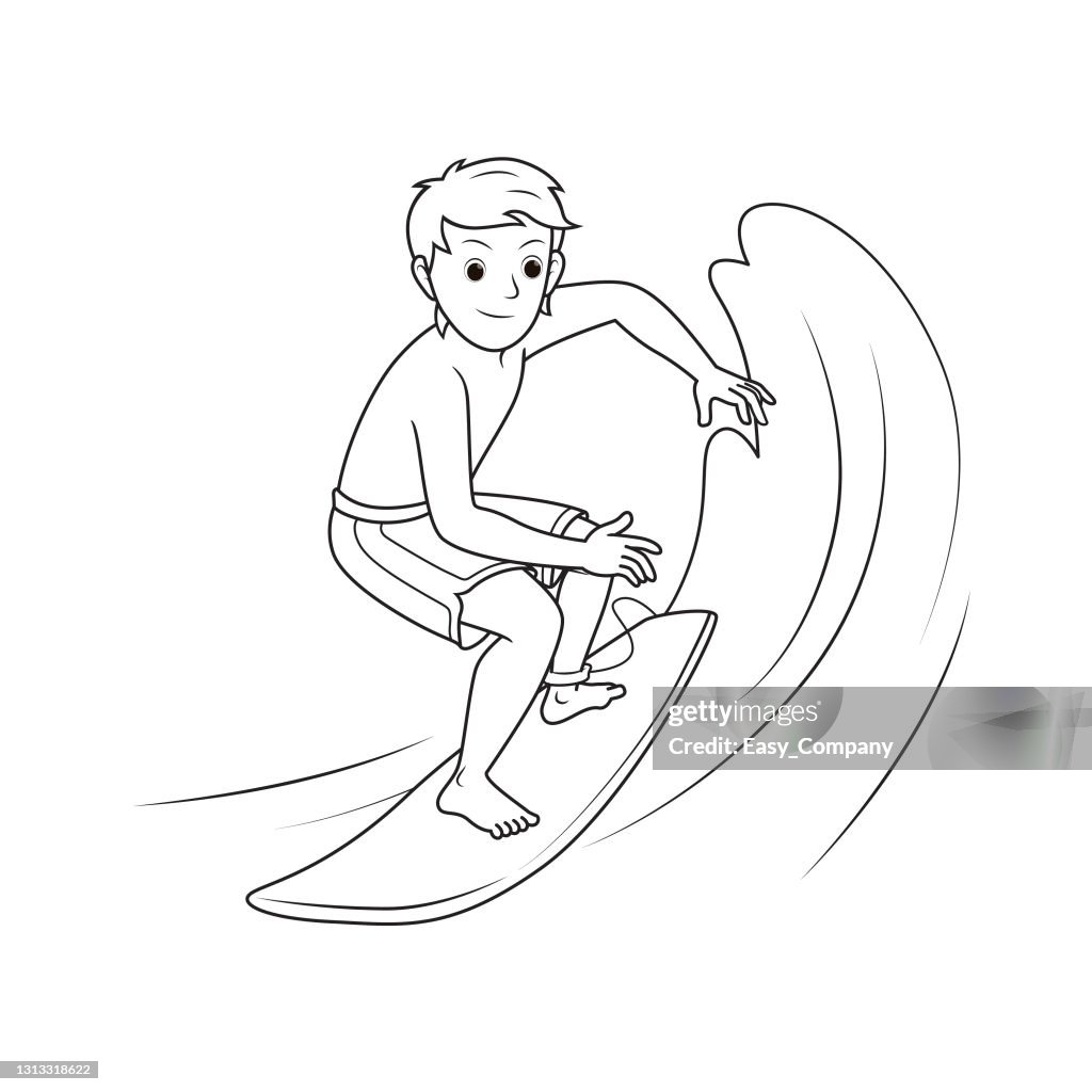 Vector illustration of surfing athlete standing on surfboard in front of big wave isolated on white background kids coloring page drawing art first word flash card color cartoon character clipart high