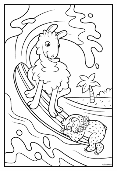 Sloths love llamas surfs up coloring page