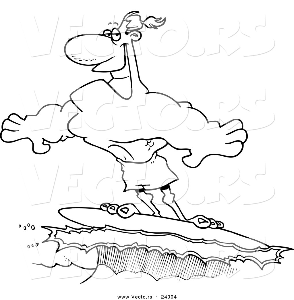 R of a cartoon buff surfer riding a wave