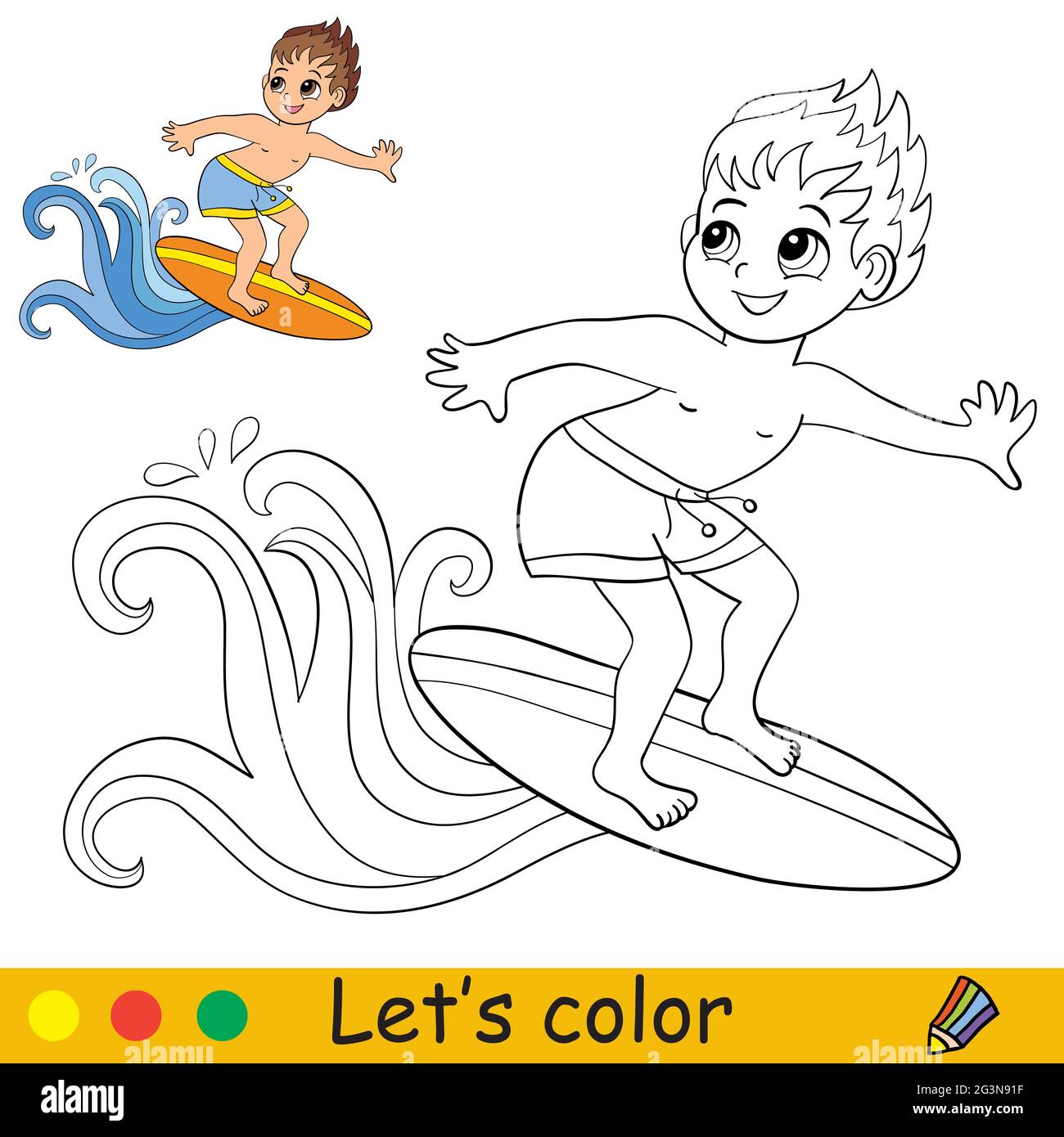 Cute cartoon boy catches a wave on a surfboard coloring book page with colorful template for kids vector isolated illustration for coloring book p stock vector image art