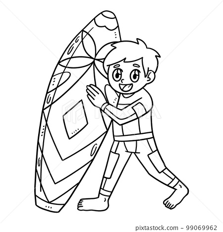 Boy holding surf board isolated coloring page