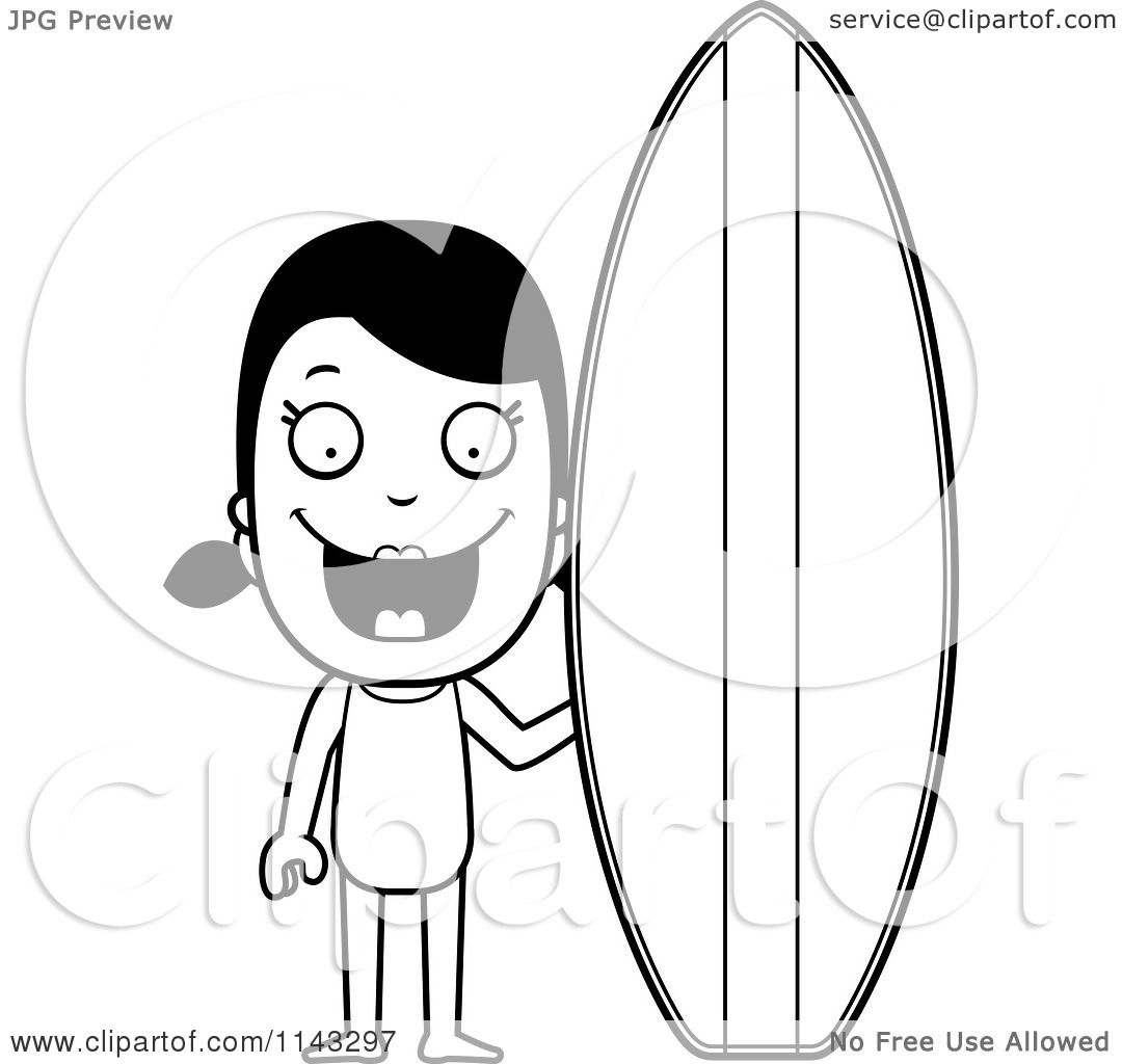 Cartoon clipart of a black and white summer girl with a surf board