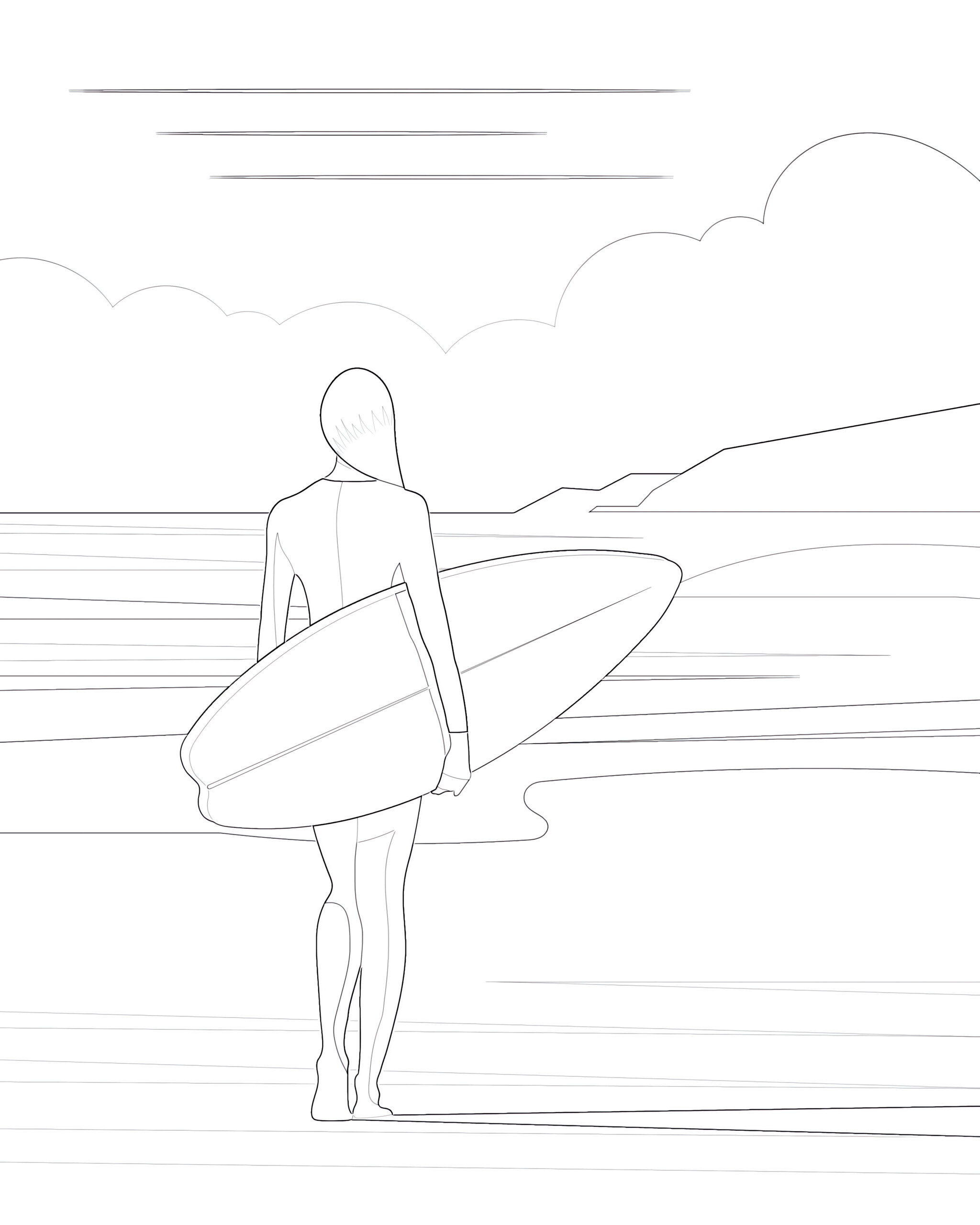 Surfer girl with surfboard coloring page