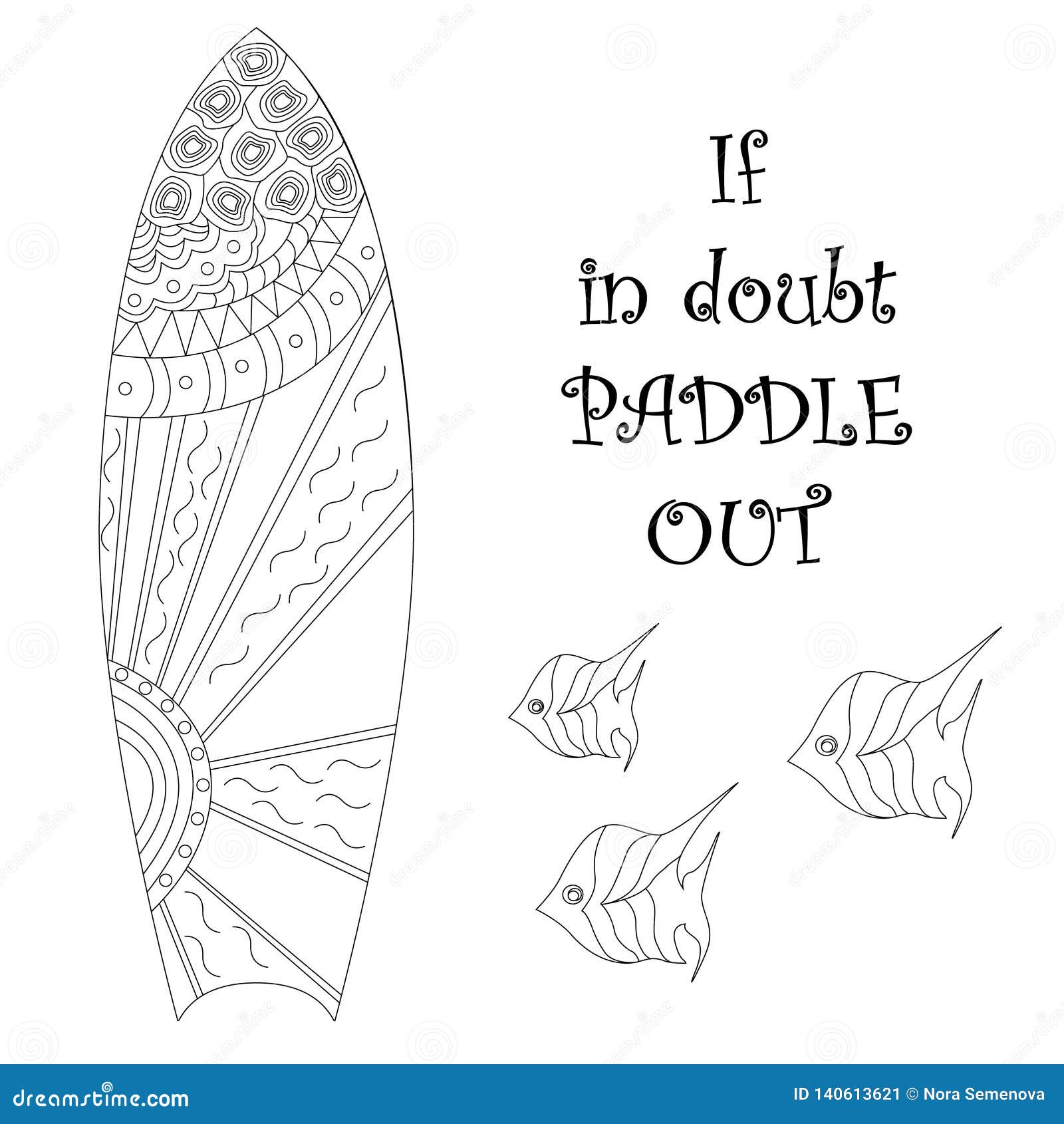 Coloring pages coloring book for adults colouring pictures with surfing board and fishes stock vector