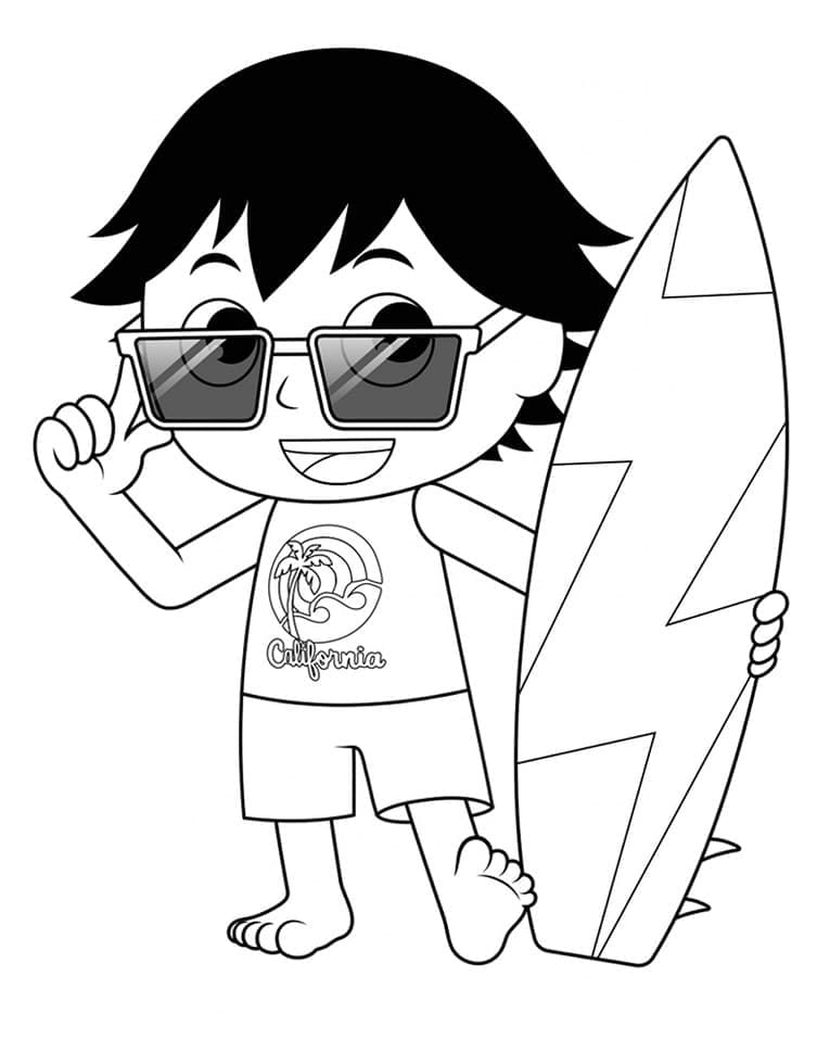 Ryan and surfboard coloring page