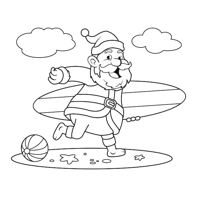 Premium vector black and white illustration for christmas coloring book of santa carrying surf board cartoon