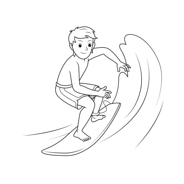 Vector illustration of surfing athlete standing on surfboard in front of big wave isolated on white background kids coloring page drawing art first word flash card color cartoon character clipart stock illustration