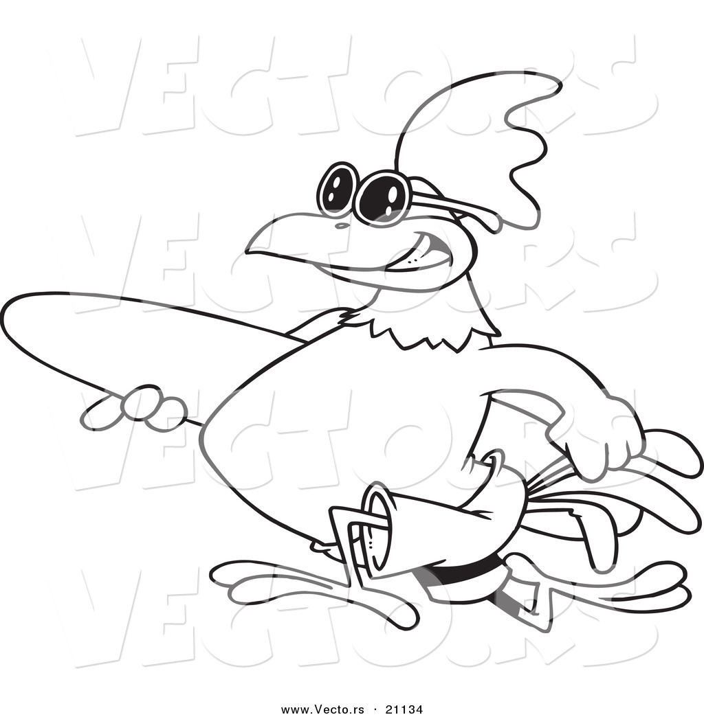 R of a cartoon surfer rooster carrying a board