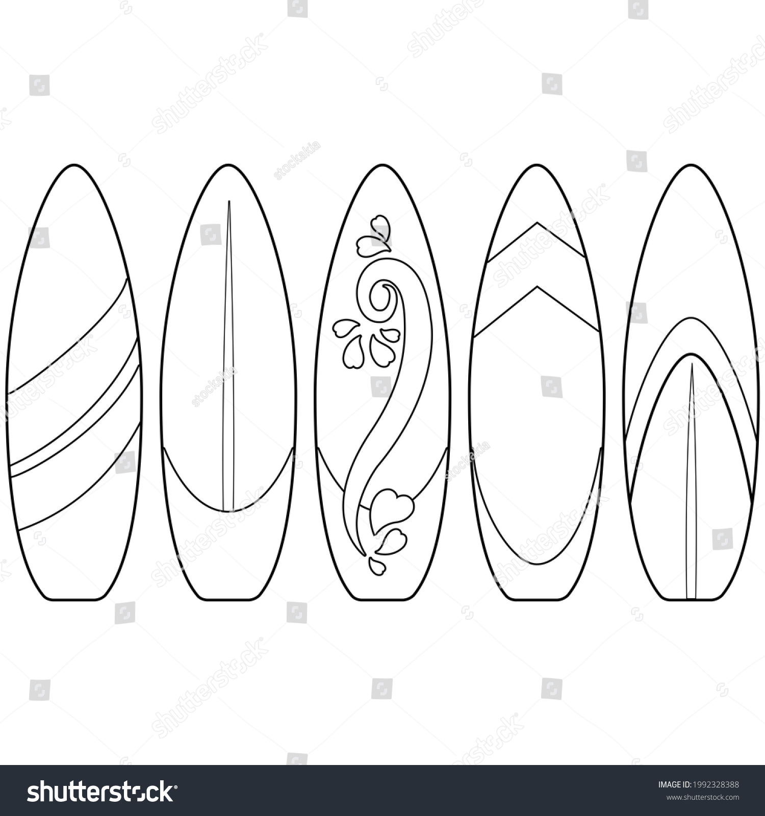 Surfboards collection black white coloring page stock illustration