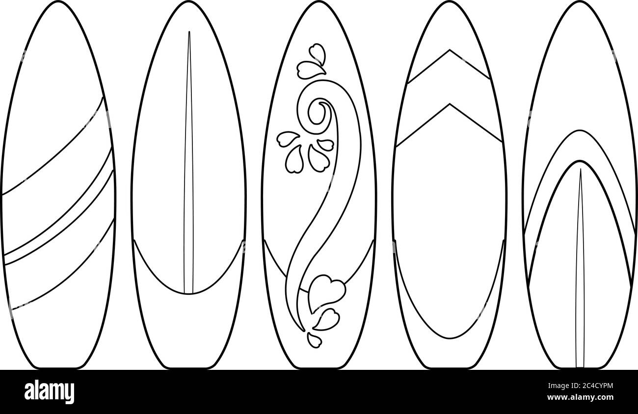 Surfboards collection vector black and white coloring page stock vector image art