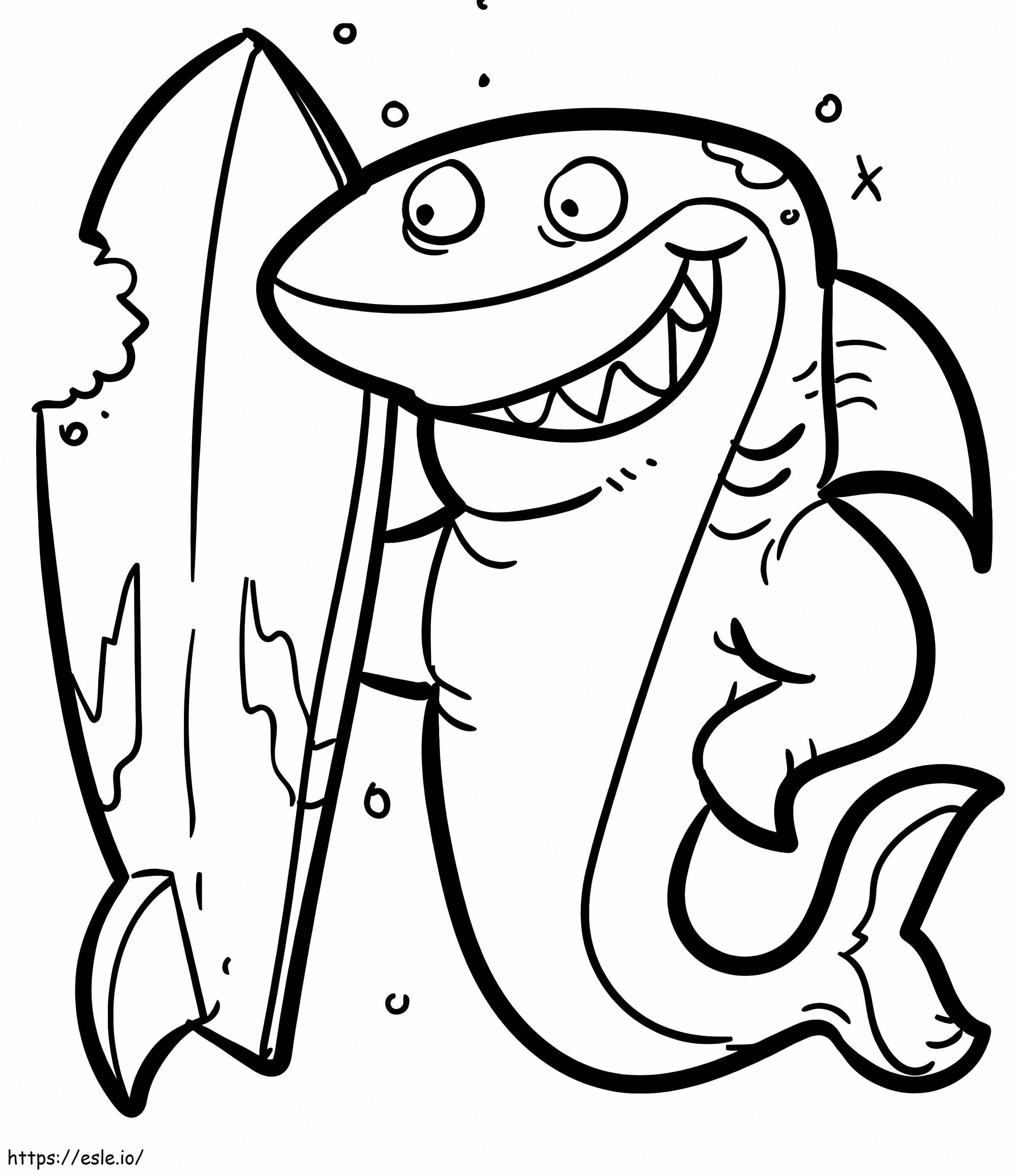 Shark with surfboard coloring page